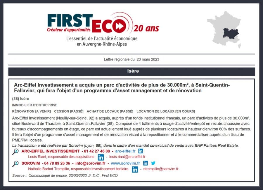 Extrait newsletter First Eco - Arc-Eiffel Investissement a acquis un parc d'activités de plus de 30.000 m² à Saint-Quentin-Fallavier